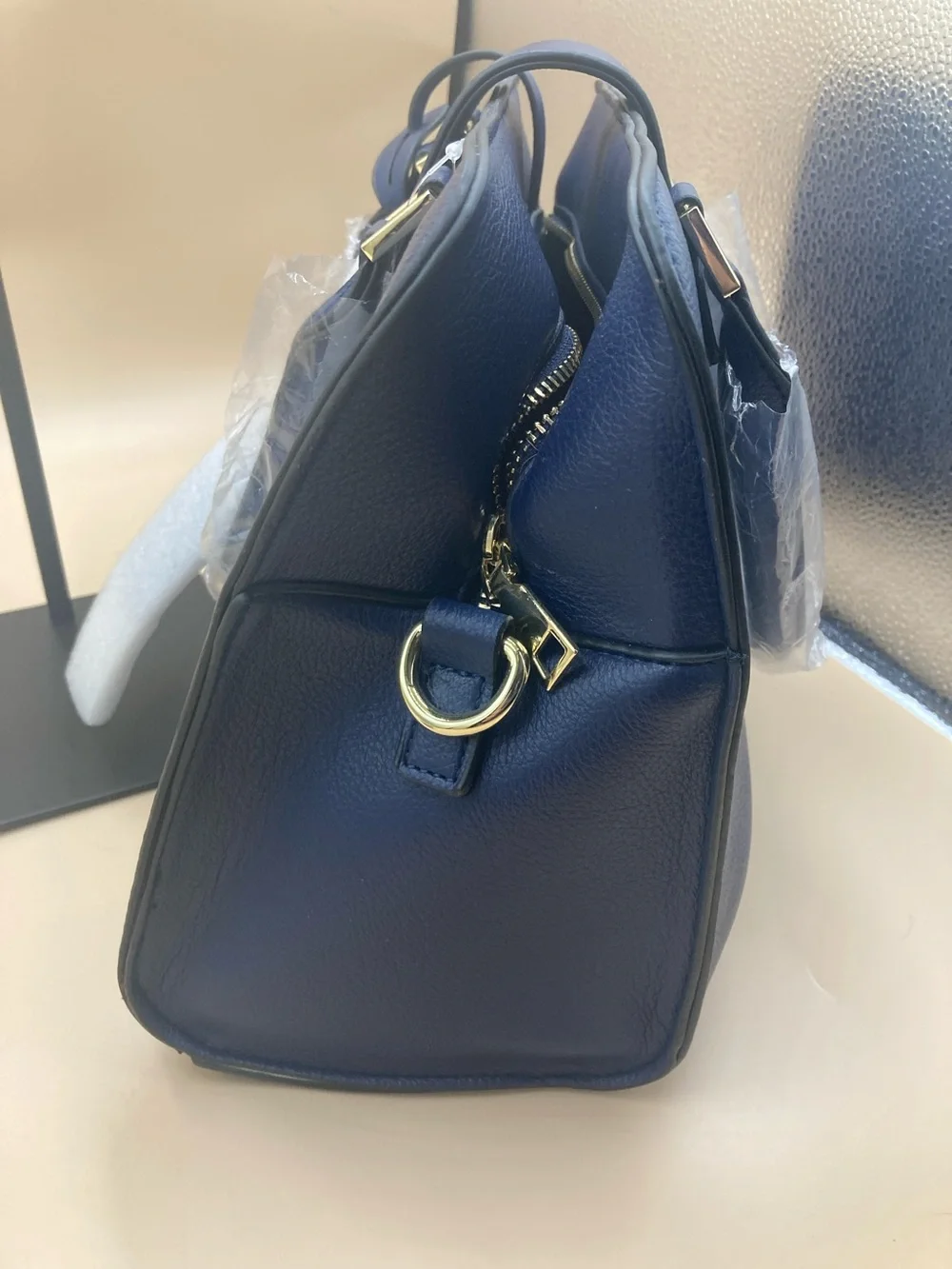 Structured Vegan Navy Satchel with Tassel Accent